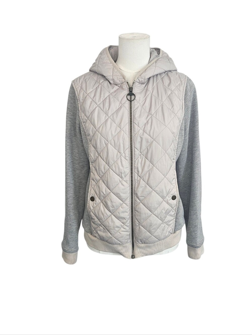 Barbour Light Gray Quilted Hooded Bomber Jacket with Heather Gray Sleeves Size 8